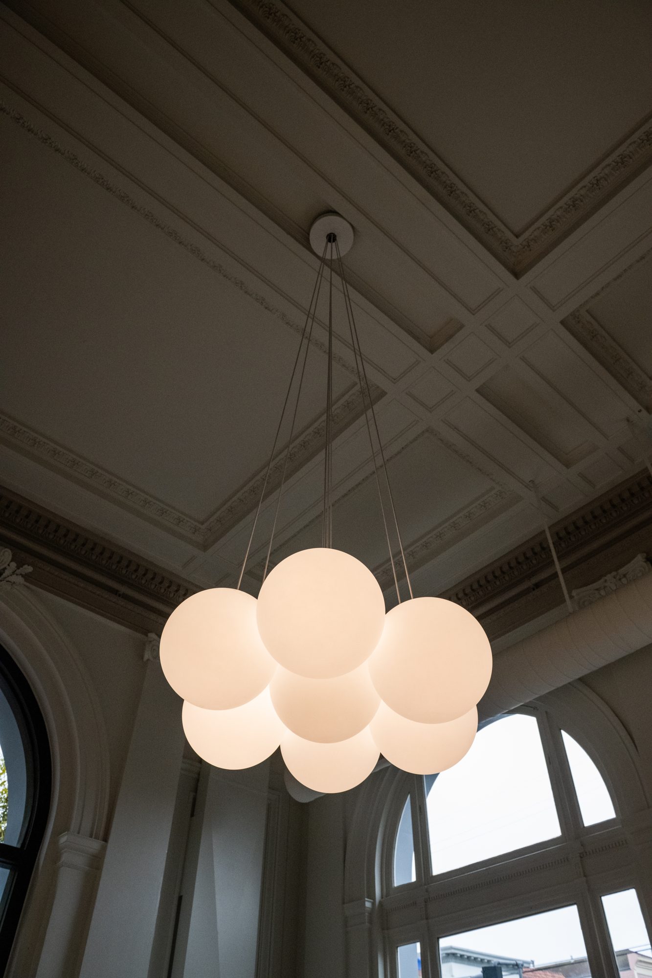 Plaster coffered ceiling and new globe pendant cluster at Clement St